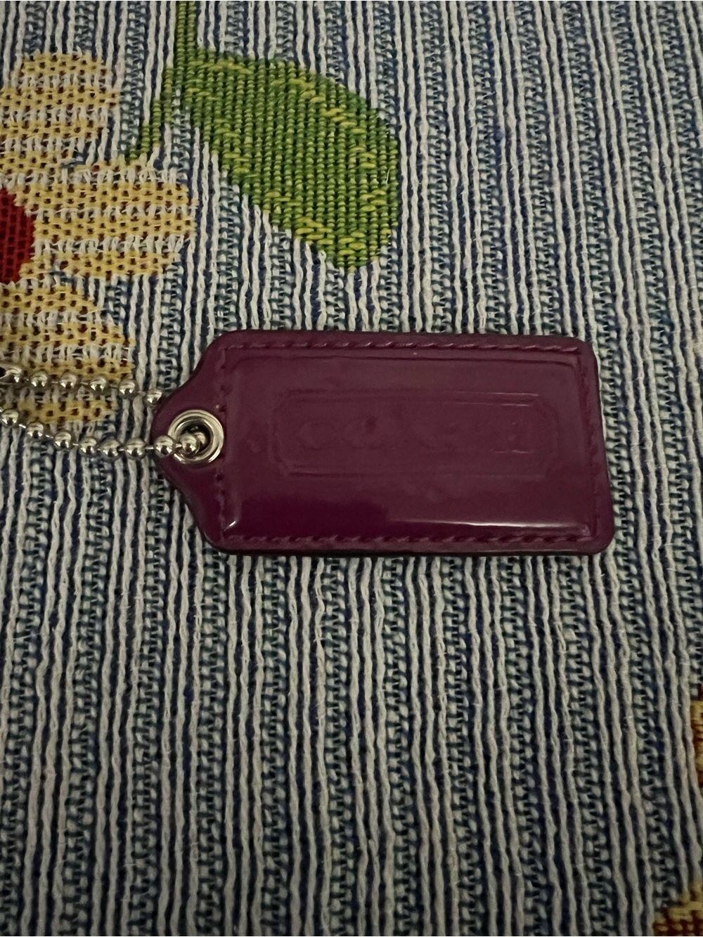 Raspberry Coach Patent Leather HangTag Keychain Silver Chain